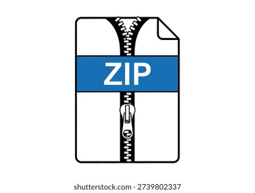 A black and white illustration of a zip file with a blue label on a white background