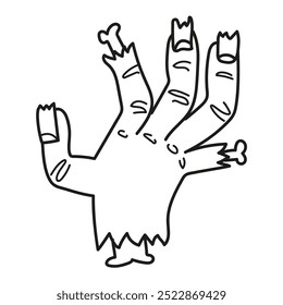  Schwarz-weiße Illustration einer Zombie-Hand mit gebrochenen Nägeln und Fingern, Halloween, Malvorlage