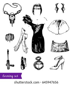 Black and white illustration.Fashion look. Evening version of the female image.Accessories to classic black dress. Hand drawn vector illustration.