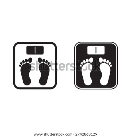 Black and white illustrations of bathroom scales with foot imprints