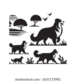 Black and white illustrations of a border collie dog with nature elements design