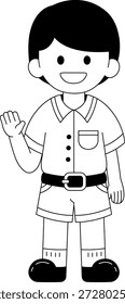 Black and white illustrations of a boy in a Thai school uniform is waving