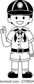 Schwarz-weiße Illustrationen eines Jungen mit einem thailändischen Pfadfinderhut und Schal