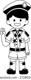 Schwarz-weiße Illustrationen eines Jungen mit einer thailändischen Pfadfinderuniform lächelnd