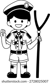 Schwarz-weiße Illustrationen eines Jungen mit einer thailändischen Pfadfinderuniform