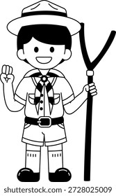 Schwarz-weiße Illustrationen eines Jungen mit einer thailändischen Pfadfinderuniform