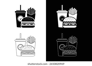 Schwarz-Weiß-Illustrationen eines klassischen Fast-Food-Menüs mit Burger, Pommes Frites und Drink