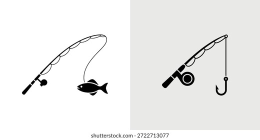 Ilustrações em preto e branco mostram claramente uma vara de pesca, linha e um peixe capturado em um anzol.