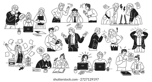 Ilustrações em preto e branco que mostram o estresse e o conflito no local de trabalho. Funcionários em vários cenários expressando frustração e desacordo em um ambiente de escritório. Estilo de desenho animado.