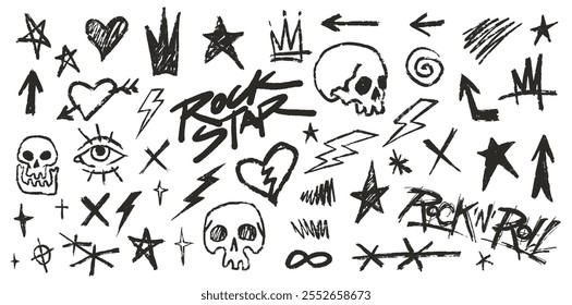 Ilustrações em preto e branco apresentam vários elementos inspirados em rock star, como crânios, estrelas, corações e raios, criando um padrão artístico ousado ideal para projetos criativos.