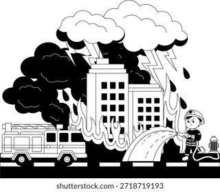 Ilustraciones en blanco y negro de un bombero y un camión de bomberos rociando agua en un fuego