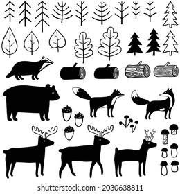 Black and white illustrations of forest animals, plants and mushrooms