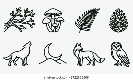 Schwarz-Weiß-Illustrationen von Waldtieren und -pflanzen, einschließlich Bäumen, Pilzen und Ökosystemsymbolen von Wildtieren und Wäldern