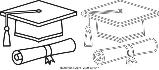 Ilustraciones en blanco y negro de la gorra de graduación y el diploma, que representan la educación y el logro sobre un fondo blanco