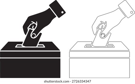 Black and white illustrations of hands putting a ballot into a box on a colored background, showcasing a simple and serious design style with bold lines and minimalistic elements