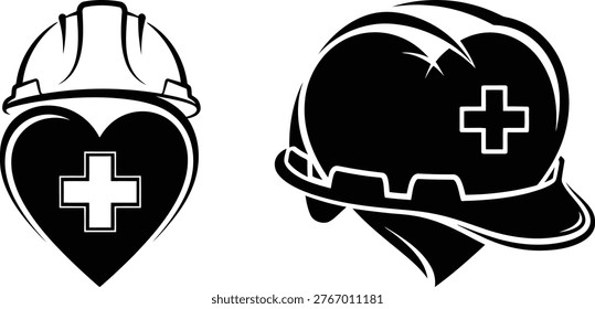 Black and white illustrations of hard hats combined with medical cross symbols for health and safety concepts