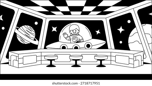 Black and white illustrations of The laboratory inside the space shuttle with astronaut