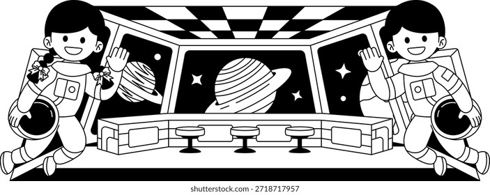 Ilustraciones en blanco y negro del laboratorio dentro del transbordador espacial con dos astronautas