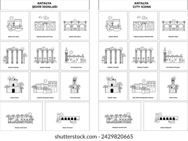 Black and white illustrations of landmarks in Antalya. Very useful original illustrations for tourism companies. There are English and Turkish naming alternatives in the file.