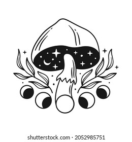 Black and white illustrations with magic mushroom and moon phases.