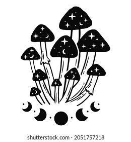 Black and white illustrations with magic mushrooms and moon phases.