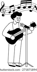 Black and white illustrations of A man is playing a guitar and singing
