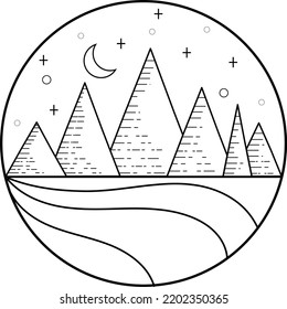 black and white illustrations of mountains and camping ground for nature lovers can be used as posters, stickers, postcards, t-shirt designs and others