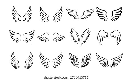 Ilustraciones en blanco y negro de múltiples diseños de alas de ángel, que varían en forma y estilo, dispuestos en filas sobre un fondo blanco liso