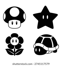 Black and white illustrations of a mushroom star flower and turtle with faces isolated on white background