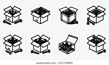 ilustrações preto e branco de caixas abertas com parafusos várias vistas