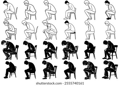 Black and White Illustrations of People Sitting in Slouched Postures: Emotional, Stress, and Mental Health Concepts