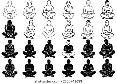 Black and White Illustrations of People Sitting Cross-Legged: Meditation, Relaxation, and Mindfulness Concepts"