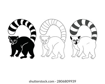Black and white illustrations of ring tailed lemurs in different styles