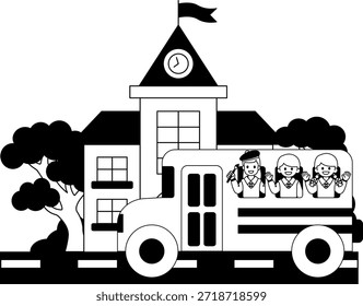 Ilustraciones en blanco y negro de Un autobús escolar está conduciendo por la calle Frente a la escuela