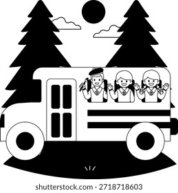Ilustraciones en blanco y negro del autobús escolar con tres niños rodeados de árboles