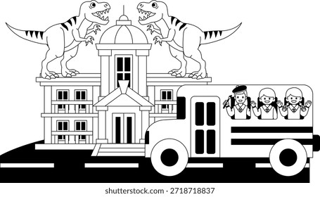 Ilustraciones en blanco y negro del autobús escolar estacionado frente al museo de los dinosaurios