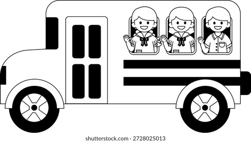 Ilustraciones en blanco y negro de UN autobús escolar con tres niños tailandeses