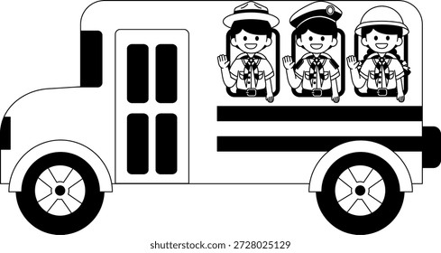 Ilustraciones en blanco y negro de UN autobús escolar con tres niños y niñas exploradores