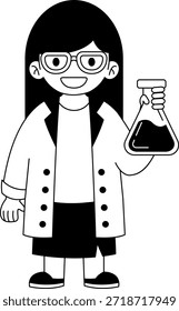 Ilustrações em preto e branco de um cientista em um jaleco segurando um copo