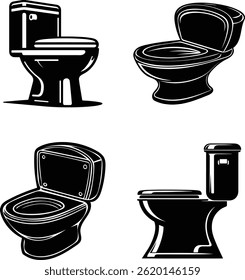 Las ilustraciones en blanco y negro muestran diseños clásicos de inodoros ambientados en un estilo vintage o retro. EPS-10.