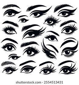 Сollection of black and white illustrations silhouettes of womens eyes with various eyebrow shapes, eyeliner styles and lashes. Vector isolated womens eyes set on white background.