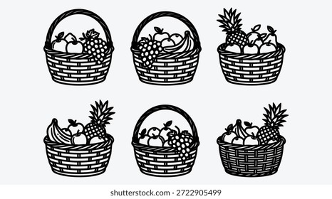 Schwarz-weiße Illustrationen von sechs Korbweiden gefüllt mit verschiedenen Früchten wie Äpfel Bananen Trauben und Ananas