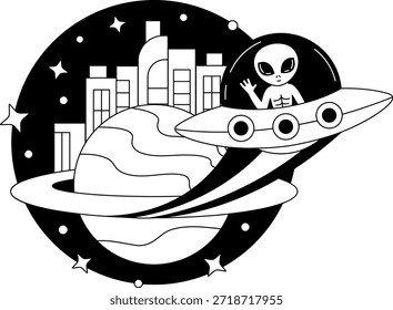 Black and white illustrations of space scene with alien in a spaceship