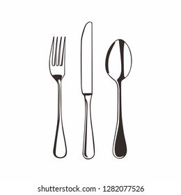 black and white illustrations of spoons, forks and knives