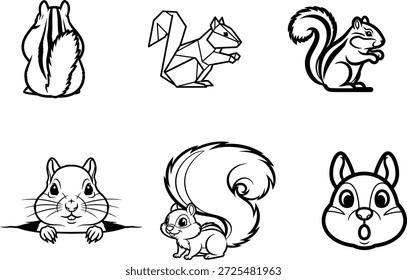 Ilustraciones en blanco y negro de ardillas en diferentes poses y estilos