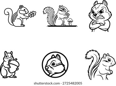 black and white illustrations of squirrels in different poses and actions