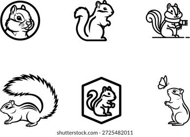 black and white illustrations of squirrels in different poses and shapes