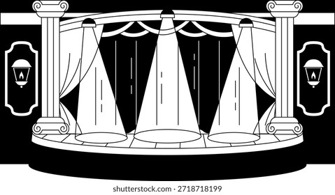 Ilustraciones en blanco y negro de Un escenario con tres focos y cortinas