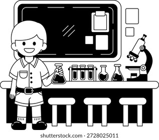 Schwarz-weiße Illustrationen eines thailändischen Jungen hält einen Becher in einem Wissenschaftslabor