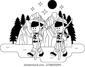 Schwarz-weiße Illustrationen von Thai Boy Scouts und Girl Scouts wandern im Wald mit Bergblick